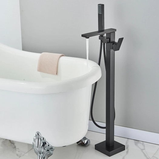 Floor Mount Bathroom Tub Filler Black Freestanding Bathtub Faucet W/ Hnad Shower
