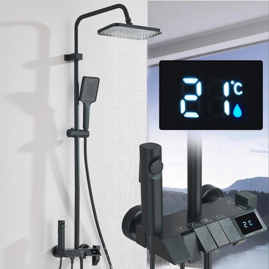 Black Rainfall Shower Faucet Set Bathroom Exposed Shower System With Mixer Valve