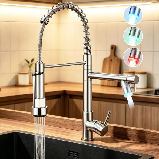 Commercial LED Kitchen Faucet Pull Down Sprayer Single Handle Stainless Steel