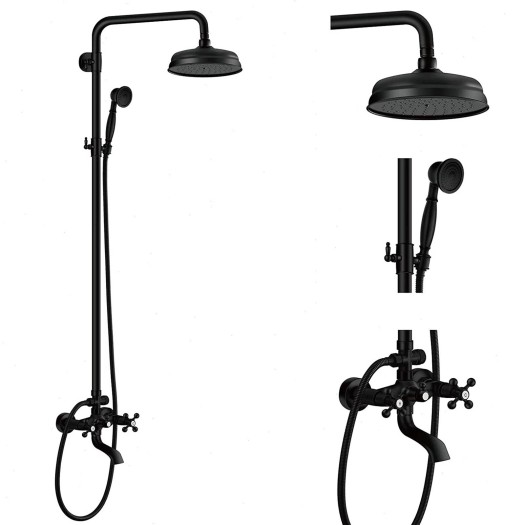 Black Exposed Tub Shower System Wall Mount 8Inch Rain Outdoor Shower Fixture Set