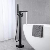 Matte Black Freestanding Floor Mount Tub Filler Bathtub Faucet With Hand Shower